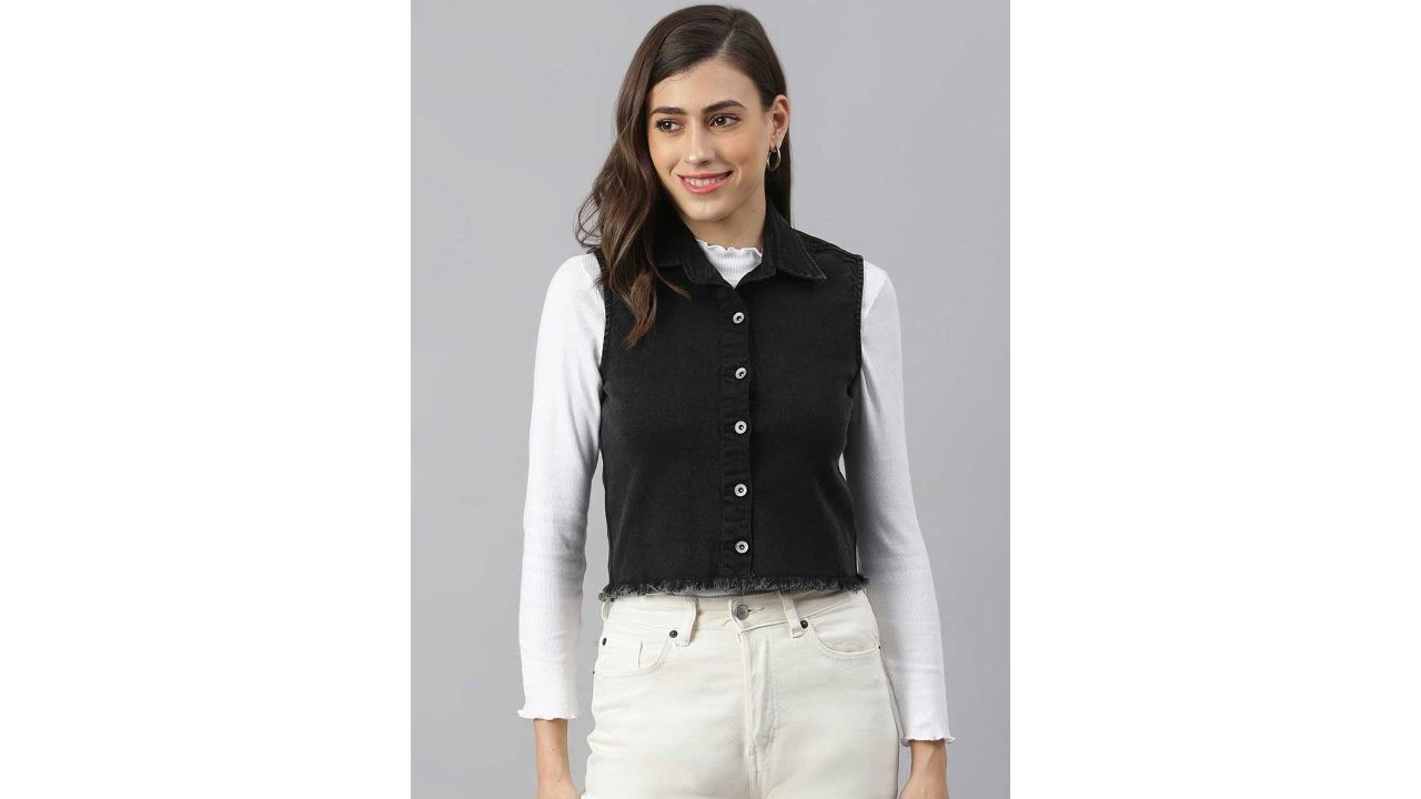 Xpose Women Black Lightweight Pure Cotton Crop Denim Jacket