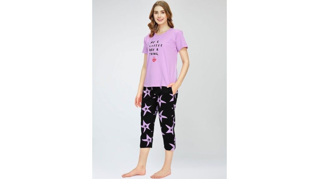 Zeyo Typography Printed Round Neck Pure Cotton Night suit