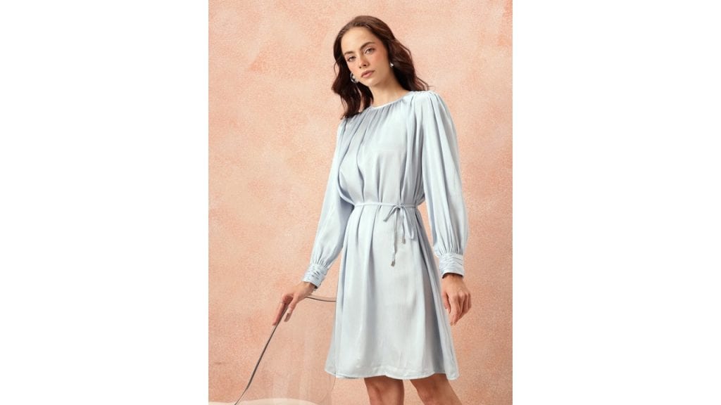 all about youGathered Detail Bishop Sleeves Party Satin A-Line Dress with Belt