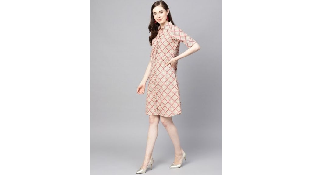 anaynaWomen Beige & Pink Printed Shirt Dress