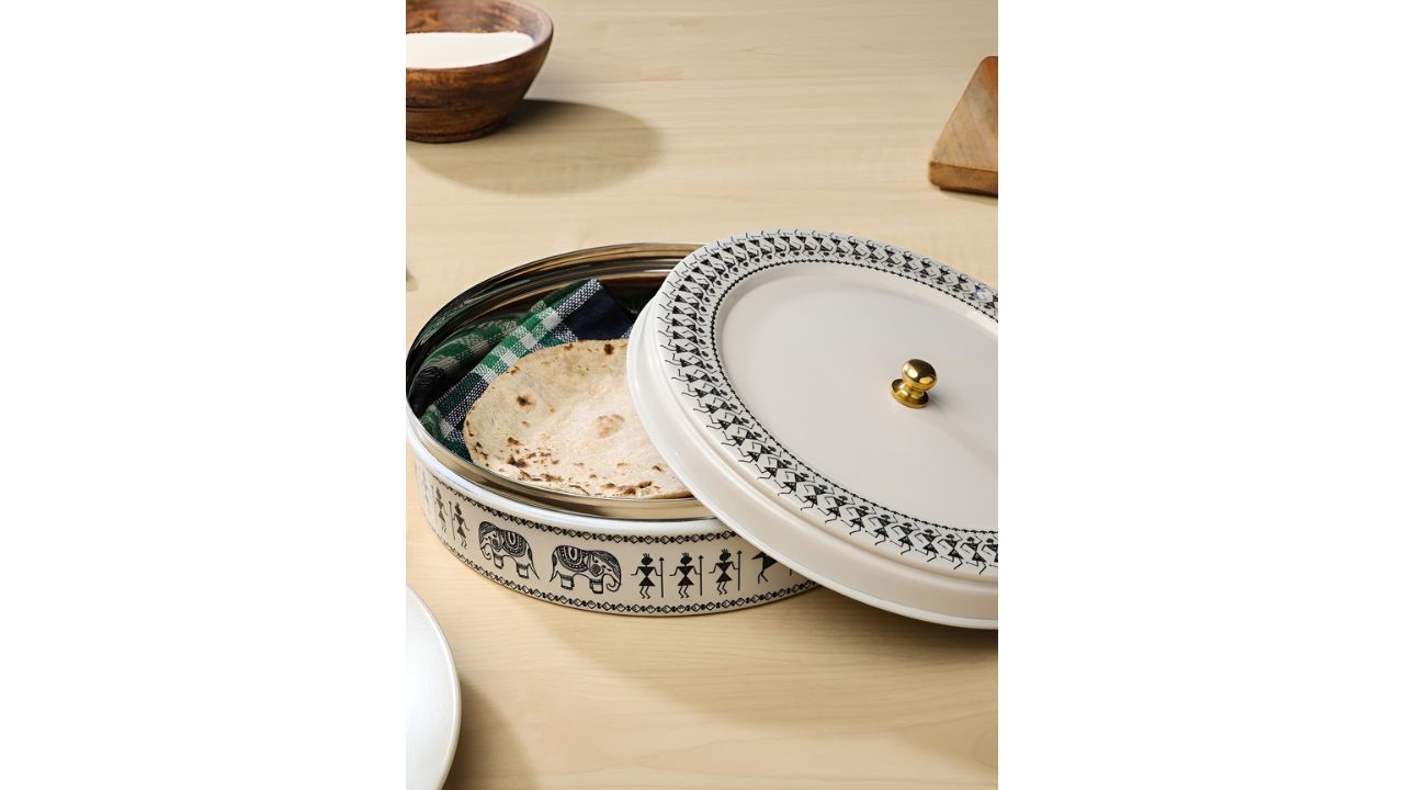 dudkiWhite & Black Printed Stainless Steel Roti Box