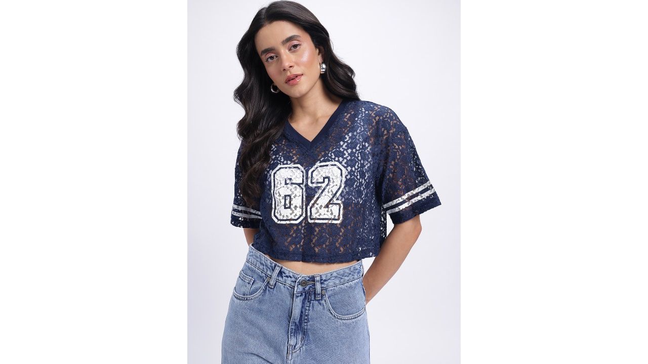 glitchez Floral Drop-Sleeves Varsity Semi-Sheer Lace Crop Boxy Fit Top