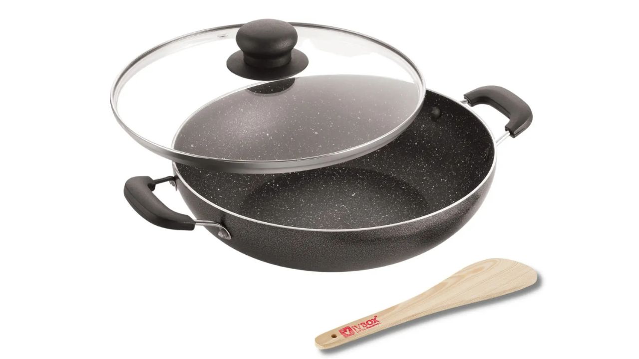 VBOX induction-Base 24cm Non Stick with Glass Lid Kadhai 24 cm diameter with Lid 2 L capacity