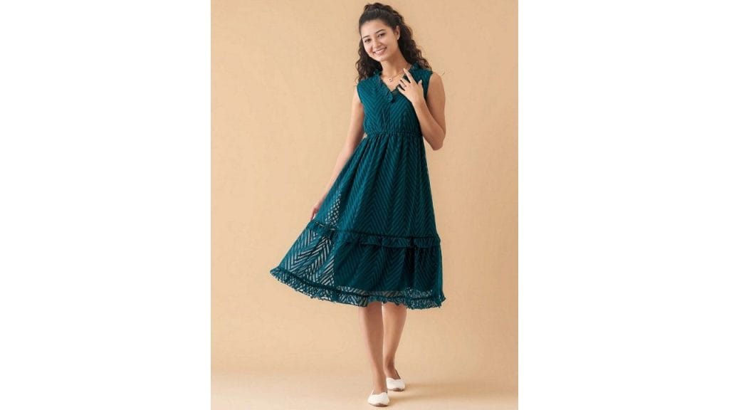 AASK Women Self Design Ruffled Sleeveless Fit & Flare Midi Dress