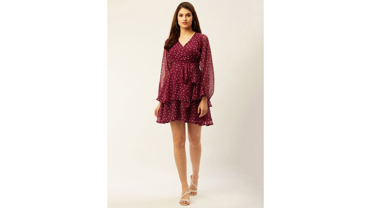 ANVI Be Yourself Polka Dot Printed Puff Sleeve Georgette Mini Skater Dress