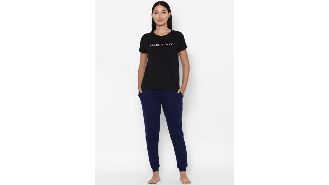 Allen Solly Woman Women Navy Blue Solid Slim Fit Knitted Pure Cotton Lounge Joggers