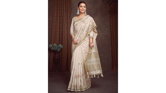 Anouk Floral Zari Linen Blend Designer Kasavu Saree