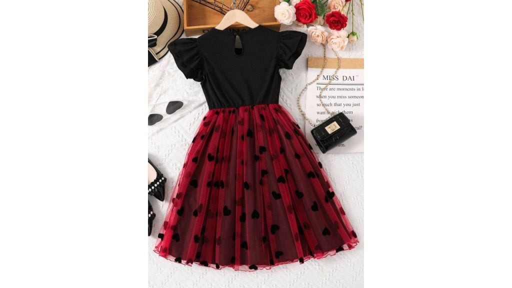 BAESD Girls Floral Printed Flared Applique Net Dress