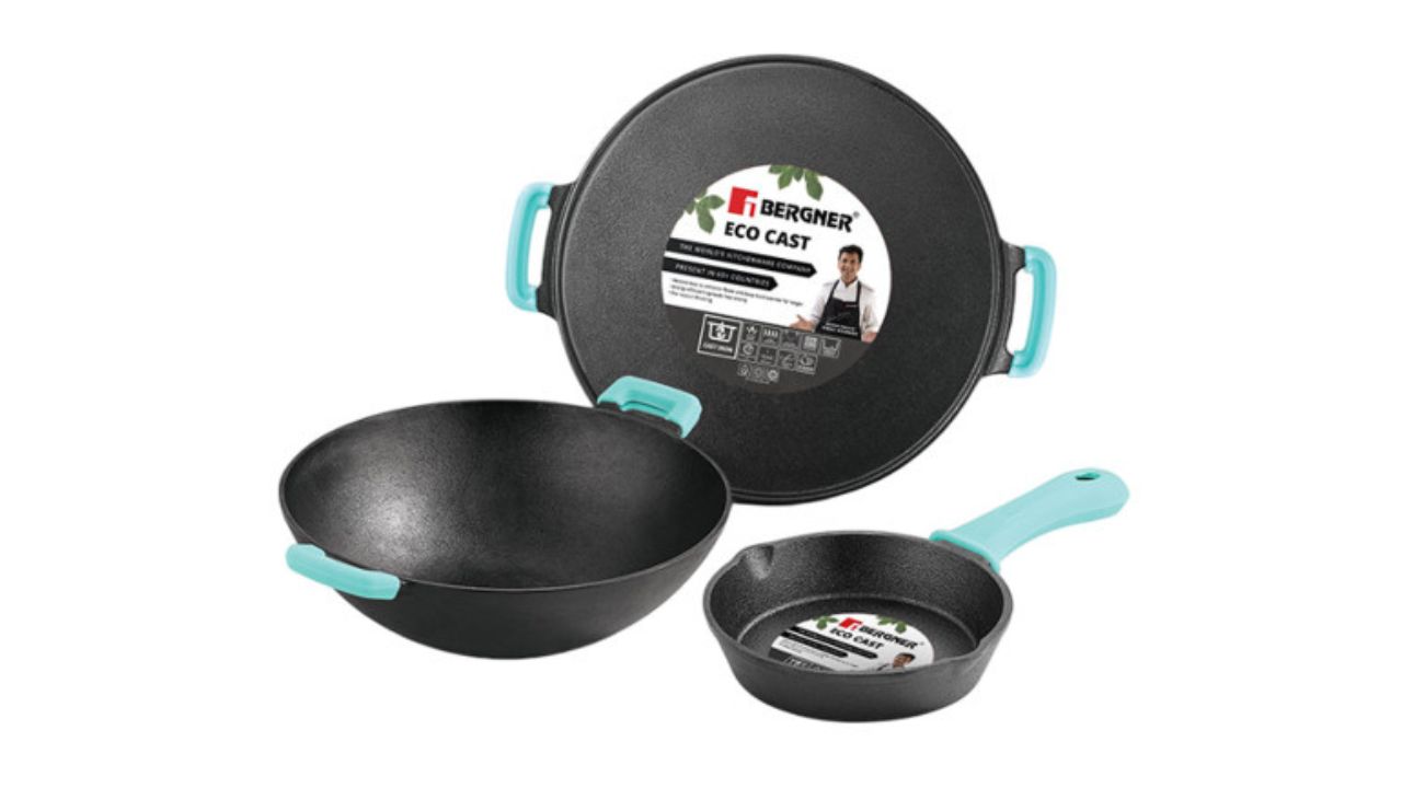 BERGNER Eco Black & Blue 3 Pieces Cast Iron Cookware Set