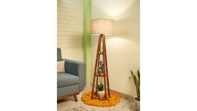 Crosscut Beige & Brown Wooden Cylinder Shaped Floor Lamp With Shelves