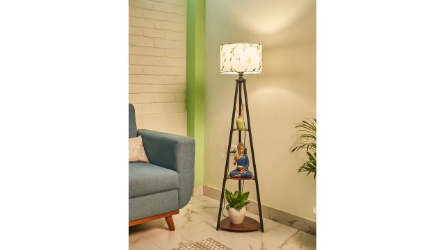 Crosscut White & Black Printed Metal Cylinder Shaped Floor Lamp With Shelves