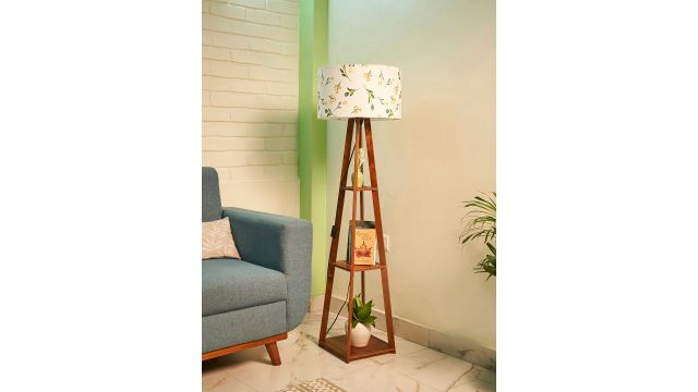 Crosscut White & Brown Printed Wooden Cylinder Shaped Floor Lamp With Shelves