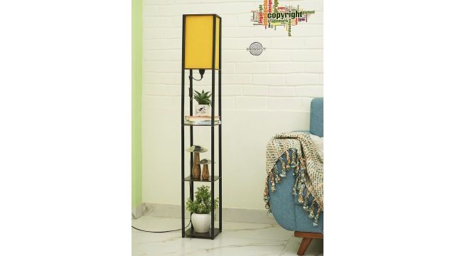 Crosscut Yellow & Black Metal Tower Floor Lamp With Shelves