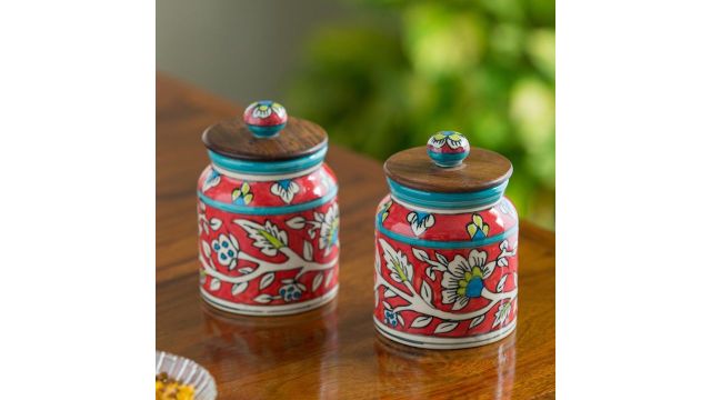 ExclusiveLane 'Mughal Floral' Airtight Ceramic Jars