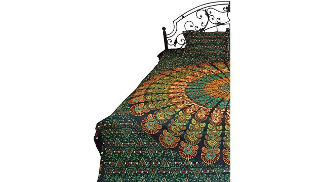 Exotic India Ponderosa Pine Pilkhuwa Green Ethnic Motifs Cotton Bedsheet