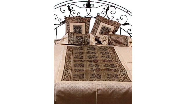 Exotic India White Floral Polyester 300 TC Double Fine Bedsheet