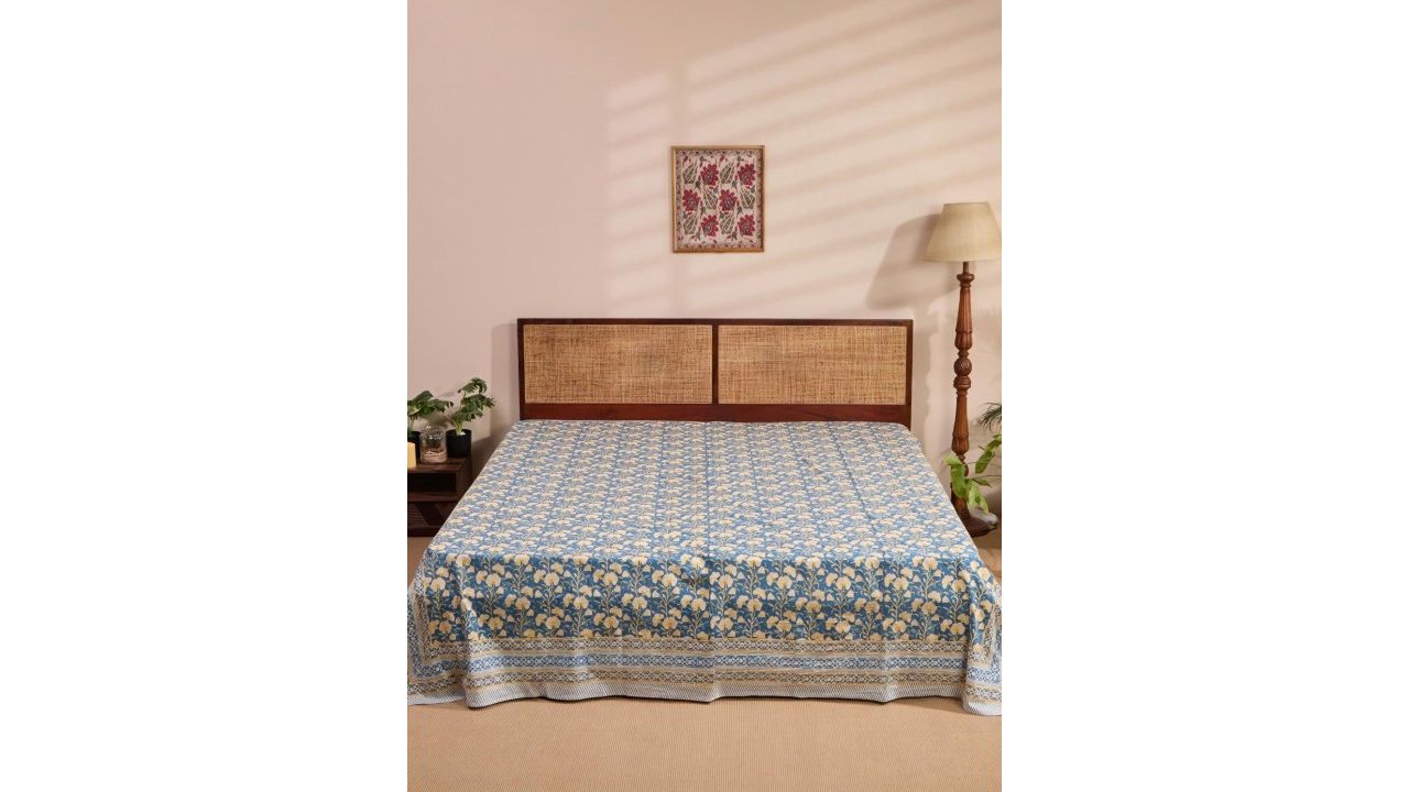 FabIndia Blue & Yellow Cabana Printed King SizeBedCover
