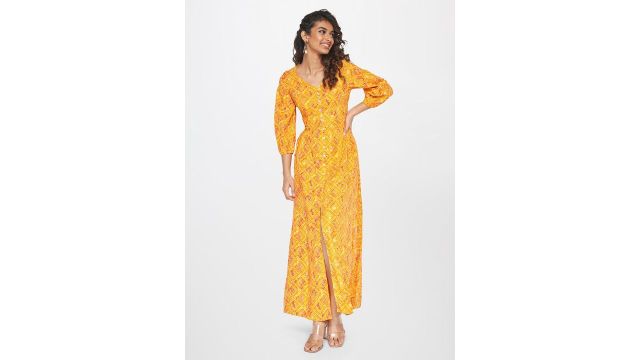 Global Desi Ethnic Motifs Printed Gathered Maxi Dress