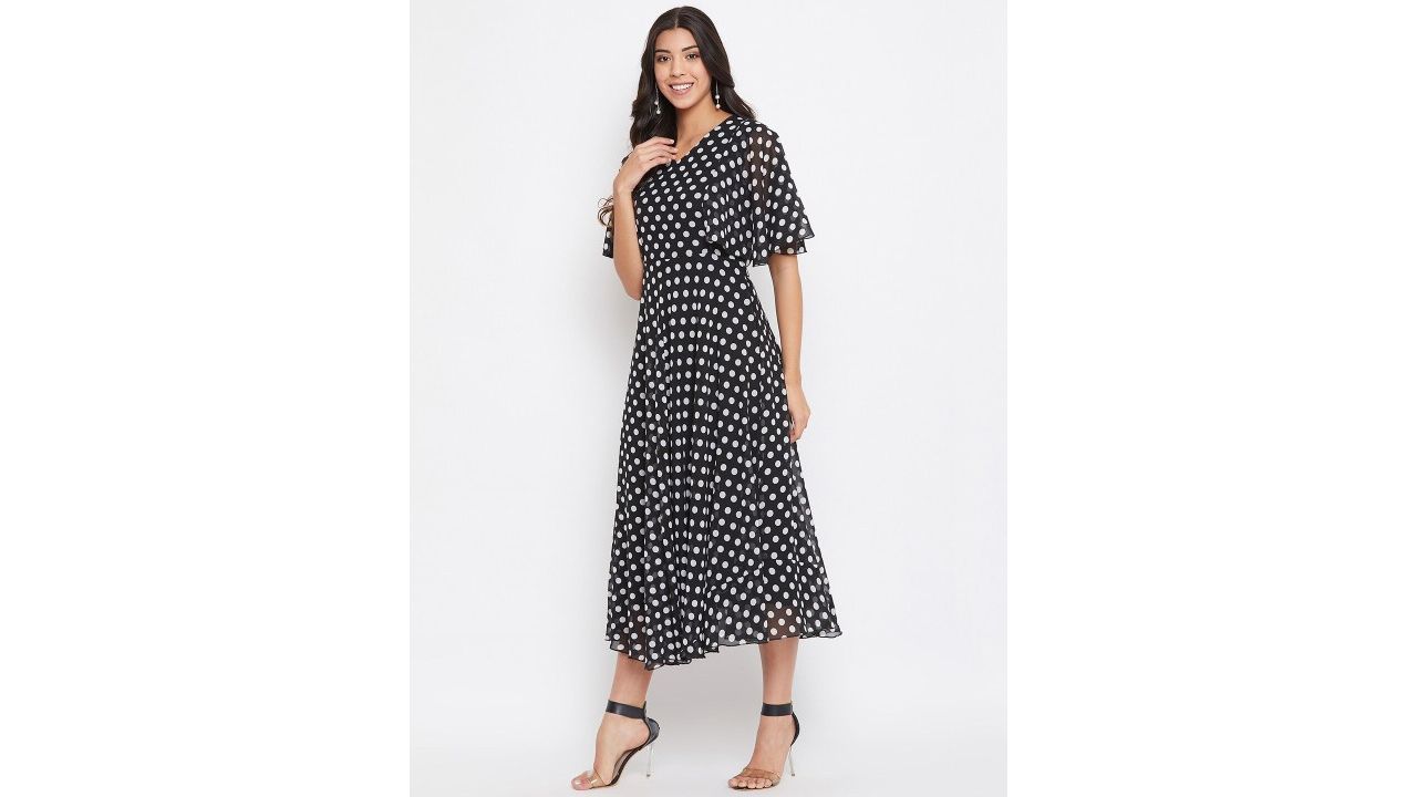 HELLO DESIGN Polka Dot Print Flared Sleeve Ruffled Georgette Fit & Flare Midi Dress