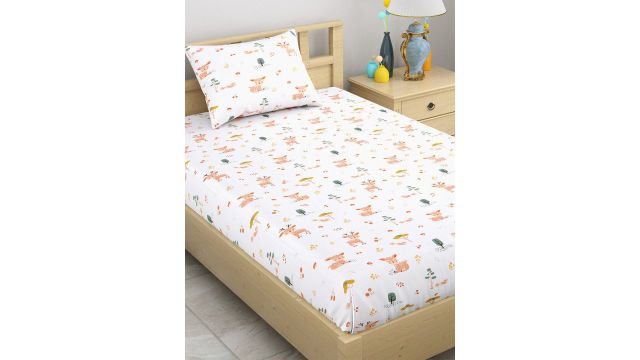 Haus & Kinder Enchanted Forest White Graphic Pure Cotton 130 TC Fitted Single Bedsheet