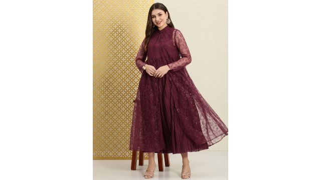 House of Pataudi Jashn Accordion Pleated Ethnic Dress With Sequinned Jacket