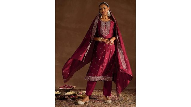 INDO ERA Women's Embroidered Silk Blend Kurta Set