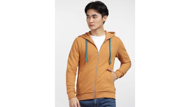 Jack & Jones Men Orange Hooded Solid Sweatshirt