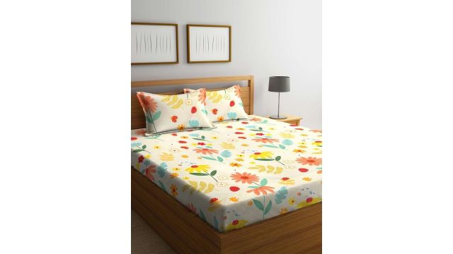 KLOTTHE Yellow Floral Polycotton 300 TC King Bedsheet