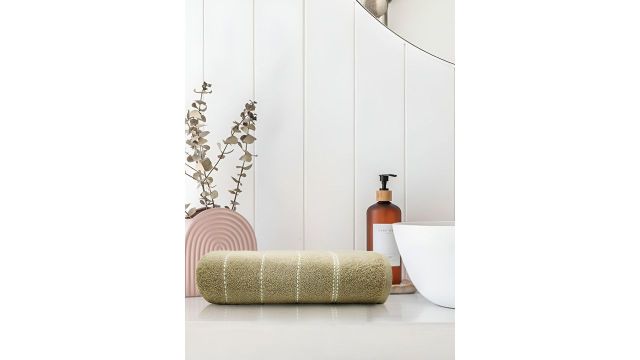 MYTRIDENT Khaki & White Striped Cotton 400 GSM Bath Towel