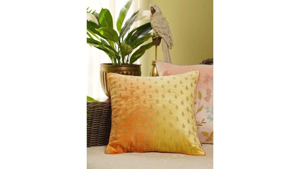 Pure Home and Living Yellow & Gold-Toned Embroidered Velvet Square Cushion Cover