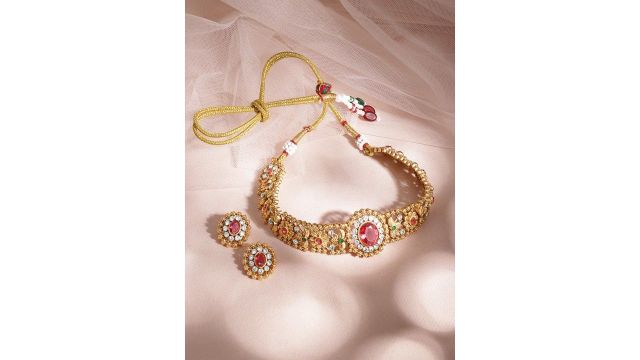 Rubans 24K Gold Plated Ruby,Emerald & White Cubic Zirconia Stone Floral Choker Jewelry Set