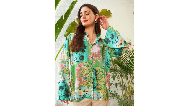 SASSAFRAS Green Floral Printed Spread Collar Satin Oversized Casual Shirt