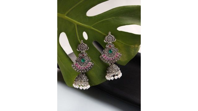 Sangria Pink & Green Silver-Plated Stone-Studded & Beaded Jhumkas