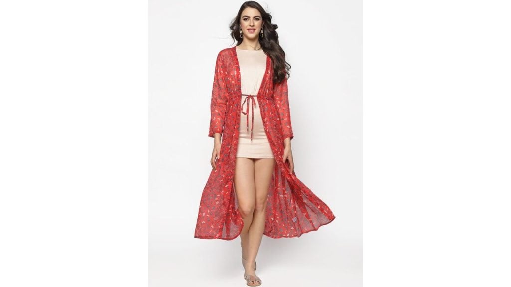 Sera Women Red & Teal Floral Printed Tie-Up Shrug