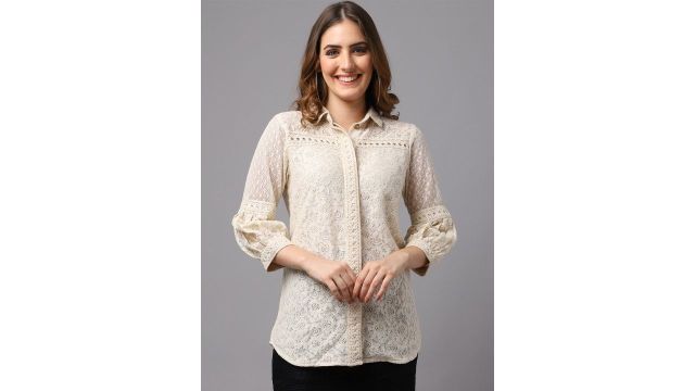 Tulsattva Women Beige Schiffli Lace Shirt
