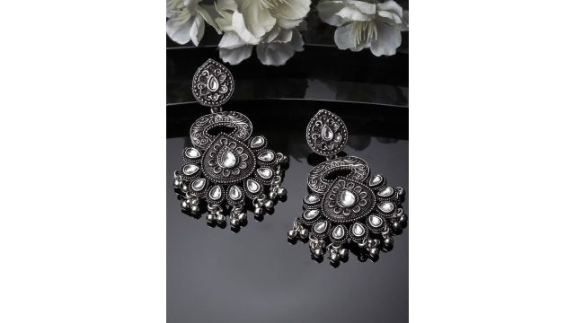 ADIVA Silver-Plated Kundan-Studded Oxidised Contemporary Drop Earrings