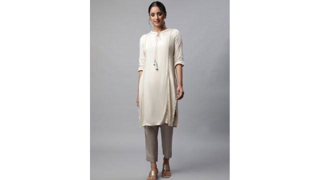 AURELIATie Up Neck Thread Work Straight Kurta