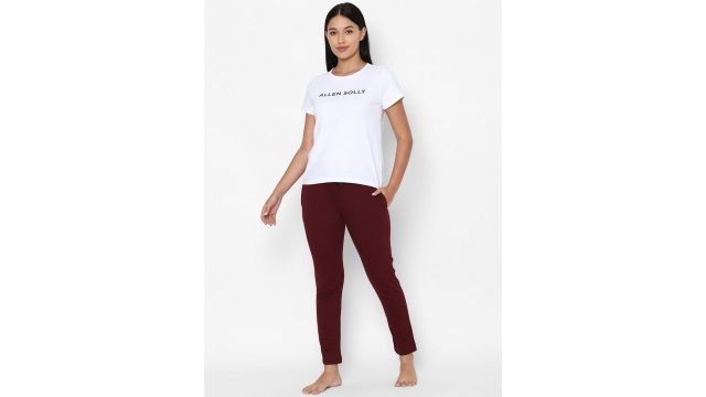 Allen Solly Woman Maroon Solid Pure Cotton Lounge Pants