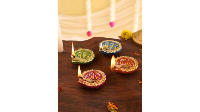 Aura Green & Blue Floral Terracotta Diyas (Set of 4)