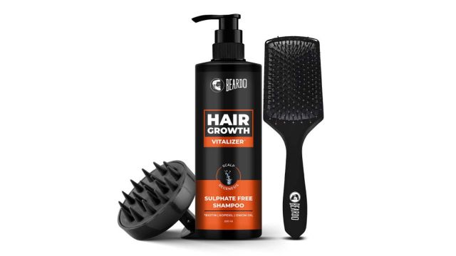 BEARDO 3 Pcs Scalp Massager, Detangling Hair Brush & Hair Growth Vitalizer Shampoo - 200ml