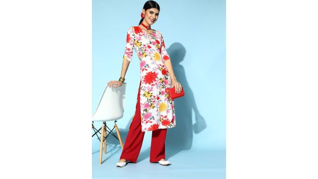 Berrylush White Viscose Rayon Romantic Florals Kurta