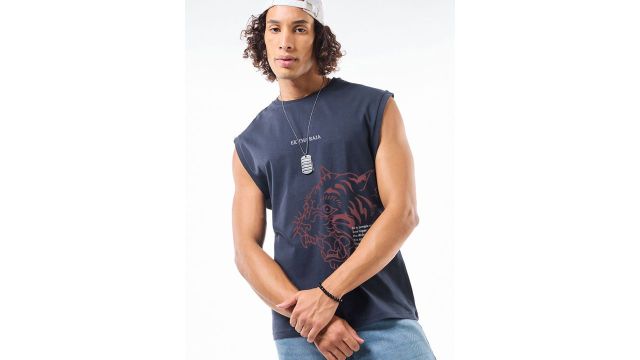 Bewakoof Men’s Navy Blue Ektha Raja Graphic Printed Boxy Fit Vest