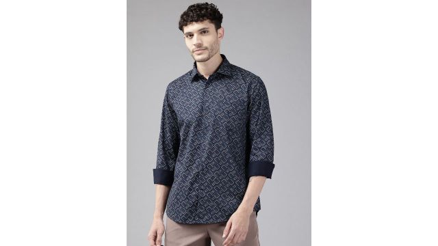 Blackberrys India Slim Fit Abstract Cotton Shirt (Navy)