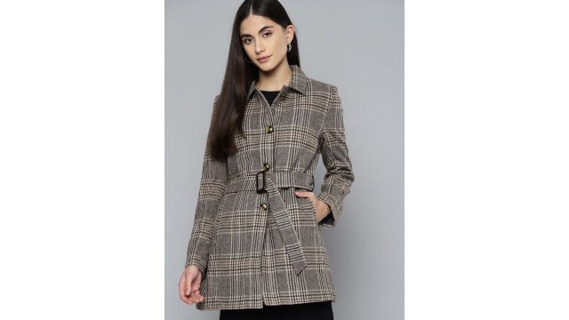 Chemistry Grey & Beige Checked Belted Overcoat