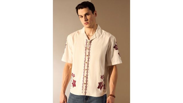 DENNISON Embroidered Drop‑Shoulder Oversized Shirt (Off‑White)