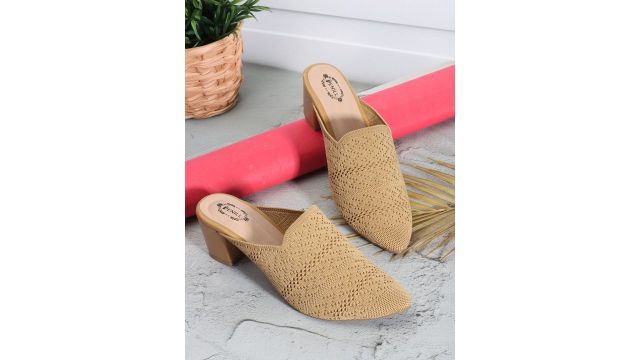 Denill Textured Mesh Pointed‑Toe Block‑Heeled Mules (Beige)
