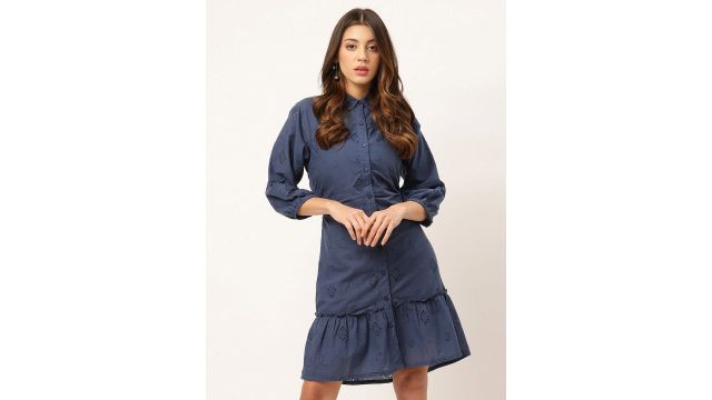 ELLE Blue Embroidered Shirt Collar Cuffed Sleeves Dress
