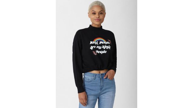 FOREVER 21 Women Black Printed High Neck Cotton Crop Sweatshirt