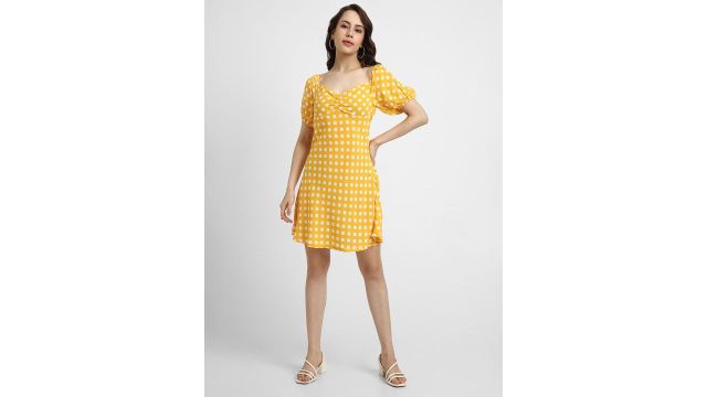 FOREVER 21 Yellow Polka Dots Printed Puff Sleeves Smocked A-Line Mini Dress