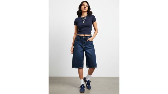 FREAKINS Women Washed Mid‑Rise Jorts (Blue, Loose Fit)